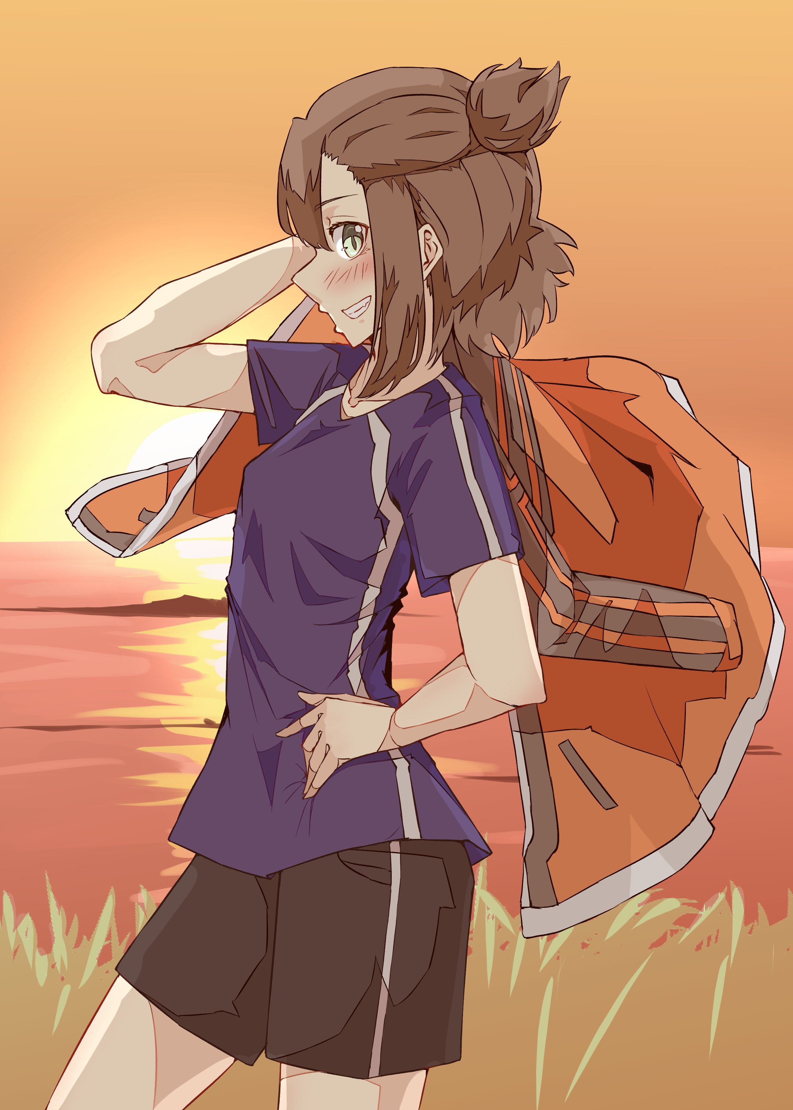 matcha tiger77, doi tamako, nogi wakaba wa yuusha de aru, yuusha de aru, absurdres, highres, 1girl, black shorts, blush, brown hair, from side, grass, green eyes, grin, hand on own hip, holding, holding jacket, holding unworn clothes, jacket, jacket on shoulders, looking at viewer, ocean, outdoors, profile, shirt, short hair, shorts, smile, soccer uniform, solo, sportswear, sun, sunset, track jacket, unworn jacket, water