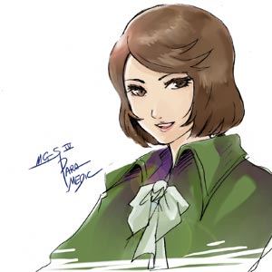 para-medic (mgs3), metal gear (series), metal gear solid, metal gear solid 3: snake eater, lowres, 1girl, bow, brown eyes, brown hair, female focus, open mouth, ribbon, smile, solo