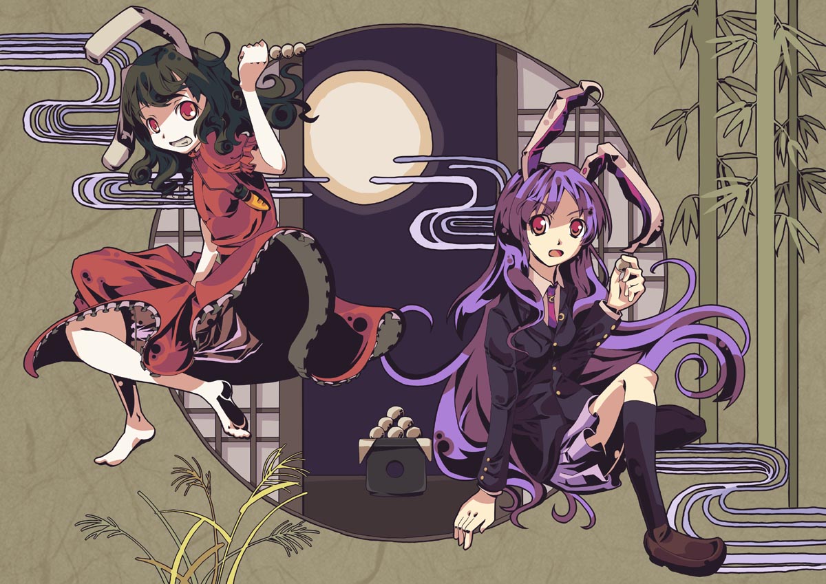 shirousagi una, inaba tewi, reisen udongein inaba, touhou, 2girls, animal ears, black hair, female focus, food, long hair, multiple girls, purple hair, rabbit ears, red eyes, short hair, skirt