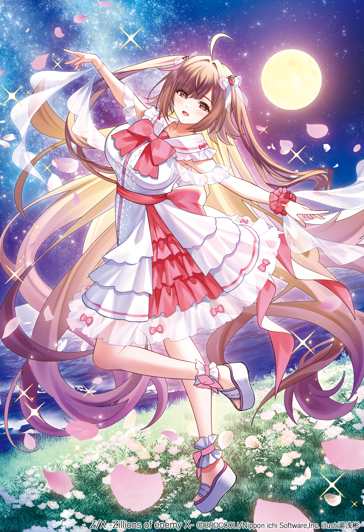 yuasa akira, z/x, highres, official art, 1girl, ahoge, bow, bowtie, bracelet, breasts, brown eyes, brown hair, copyright notice, dress, dress bow, flower, frilled cuffs, frilled dress, frills, full moon, jewelry, large breasts, long hair, looking at viewer, moon, multicolored dress, night, night sky, ocean, open mouth, outdoors, outstretched arms, pink bow, pink bowtie, pink dress, pink petals, prism (z/x), sandals, shoes, sky, solo, sparkle, standing, standing on one leg, star (sky), two side up, very long hair, white dress, white shoes