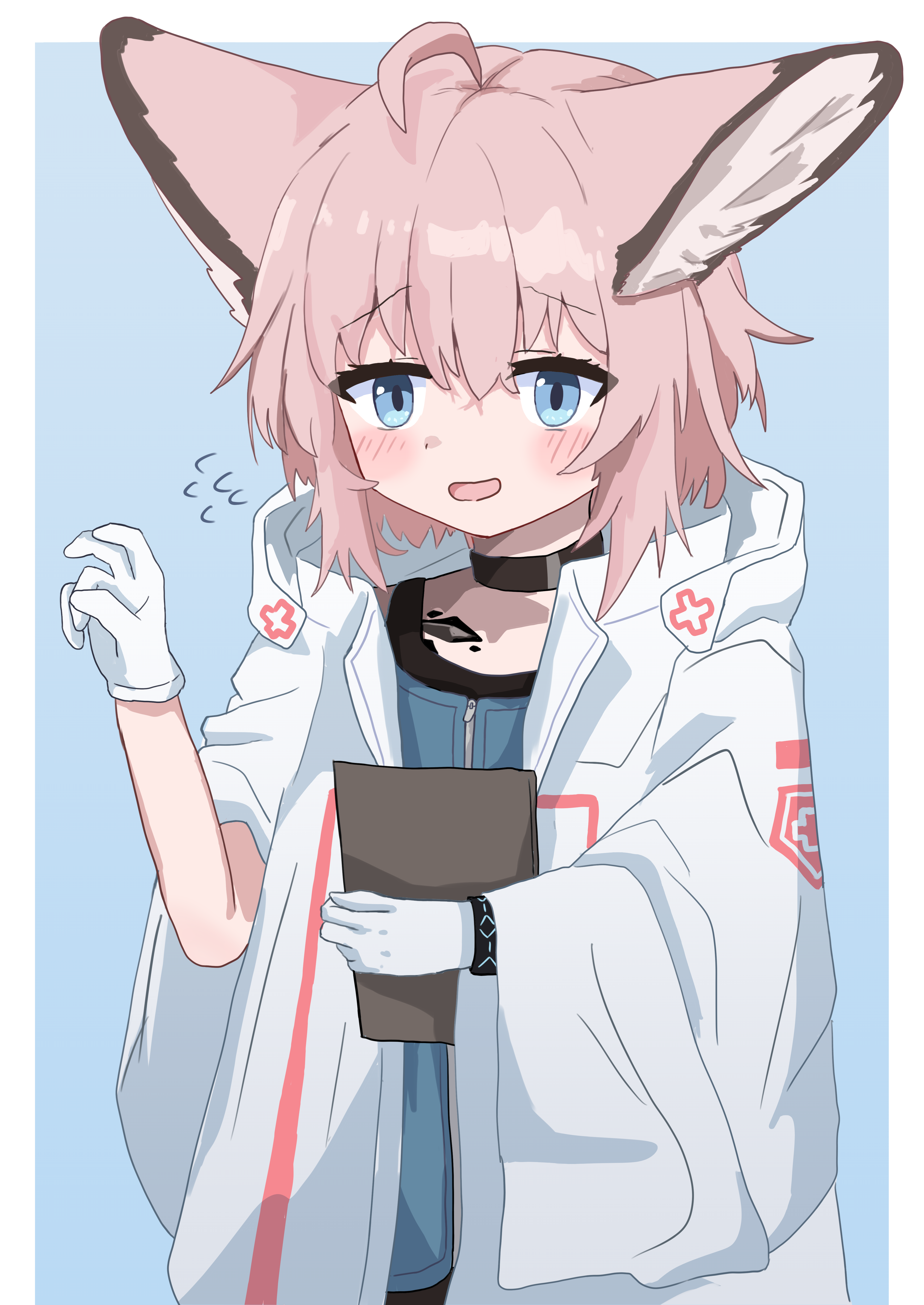 chefcooo jk, sussurro (arknights), arknights, absurdres, commentary request, highres, 1girl, ahoge, animal ears, blue eyes, blush, flying sweatdrops, fox ears, fox girl, gloves, open mouth, pink hair, solo, white gloves