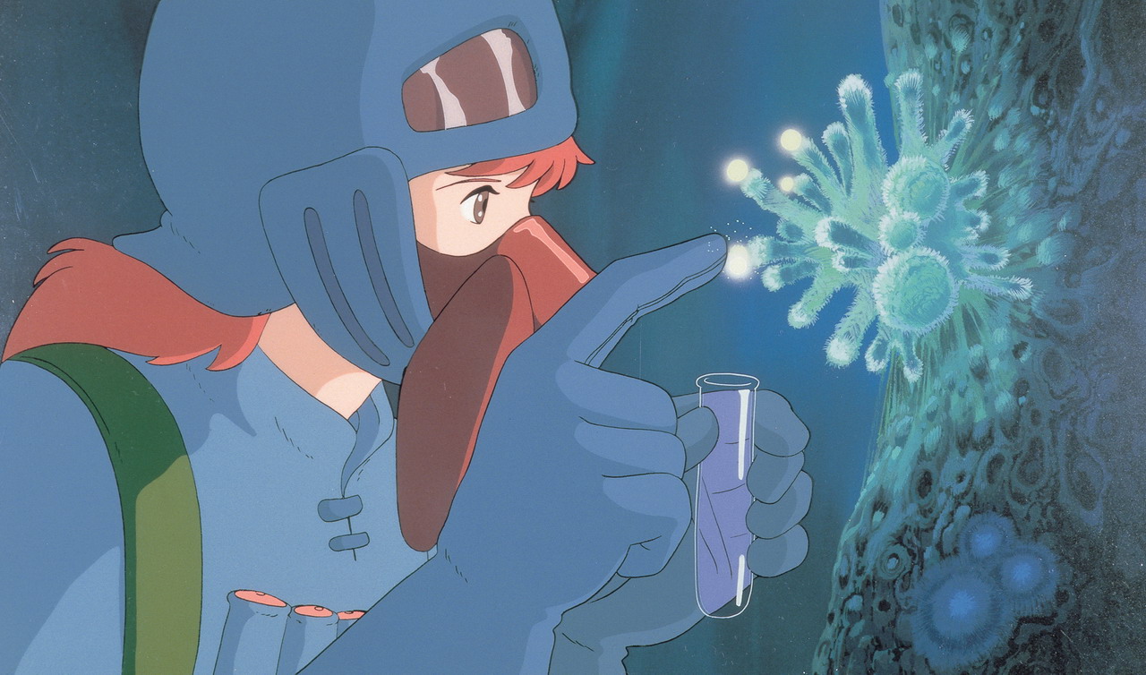 nausicaa, kaze no tani no nausicaa, studio ghibli, 1980s (style), anime screenshot, 1girl, brown eyes, female focus, from side, mask, mushroom, oldschool, outdoors, plant, profile, red hair, retro artstyle, solo, tree, upper body