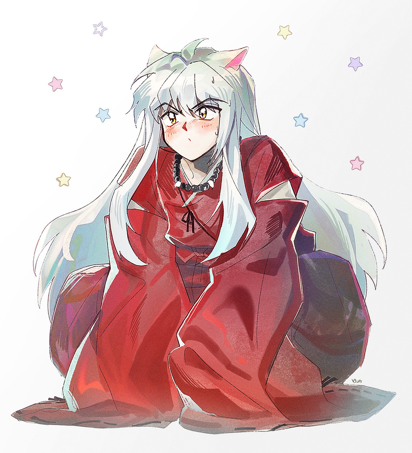 mxhxkxcx, inuyasha (character), inuyasha, commentary, highres, 1girl, bead necklace, beads, blush, clothing cutout, full body, japanese clothes, jewelry, long hair, long sleeves, necklace, red eyes, shoulder cutout, simple background, solo, squatting, star (symbol), very long hair, white background, white hair, yellow eyes