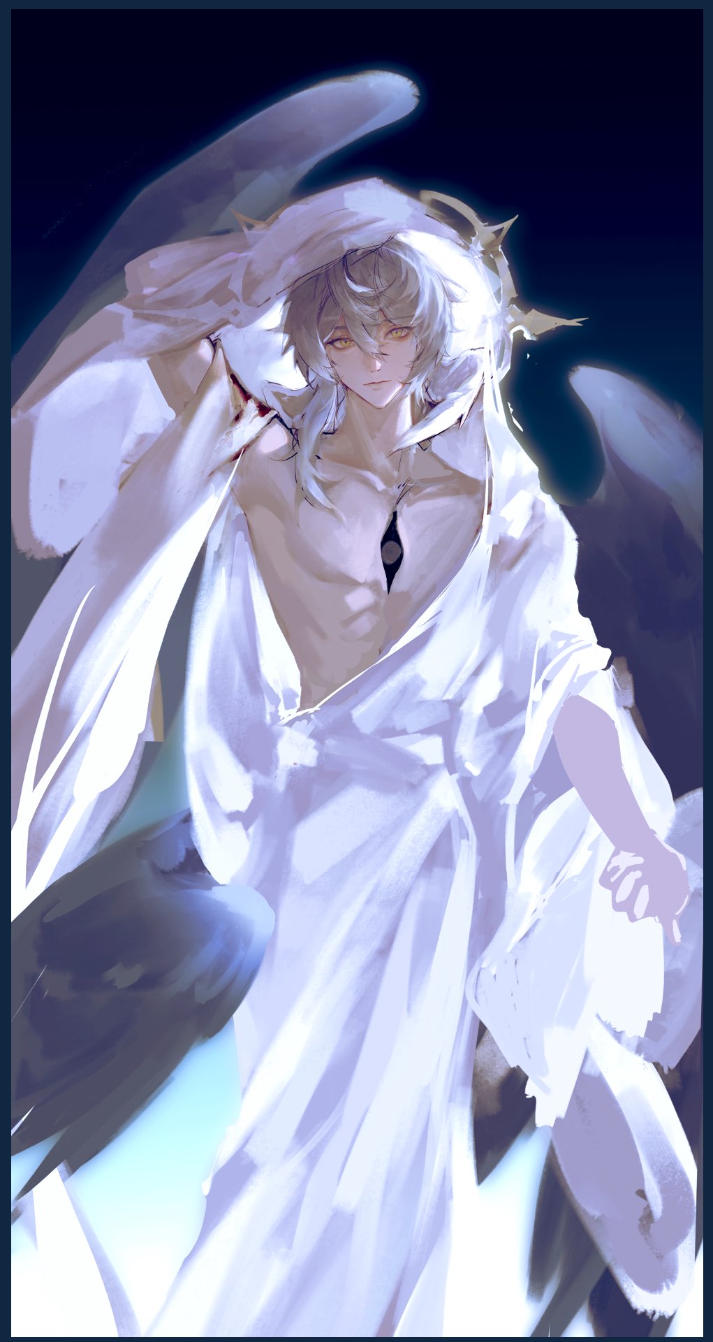 sheunsnzh, sunday (honkai: star rail), honkai: star rail, honkai (series), highres, 1boy, angel, angel wings, expressionless, grey hair, halo, head wings, looking at viewer, male focus, robe, solo, white robe, wings, yellow eyes