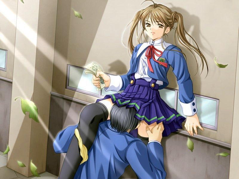 game cg, 1boy, 1girl, brown eyes, brown hair, cunnilingus, hetero, leaf, money, oral, panties, panties around leg, prostitution, school uniform, serafuku, short hair, skirt, thighhighs, twintails, underwear