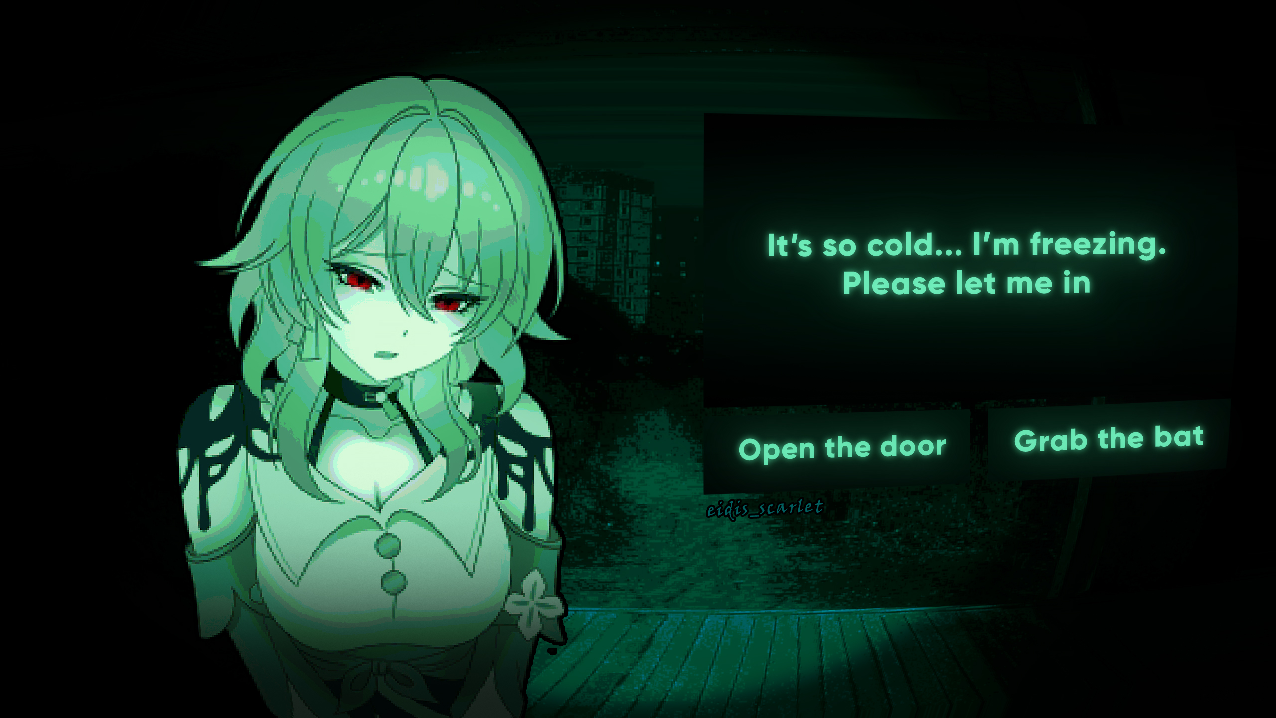 eidis scarlet, evernight (honkai: star rail), march 7th (honkai: star rail), honkai: star rail, honkai (series), no i'm not a human, commentary, english commentary, highres, 1girl, black choker, breasts, buttons, choker, dialogue options, earrings, flower, green theme, hair between eyes, jewelry, medium hair, off shoulder, official alternate eye color, outdoors, parted lips, porch, pov peephole, red eyes, single earring