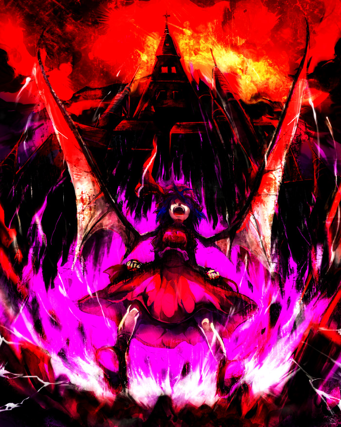 toriko (hatoriko), remilia scarlet, touhou, 1girl, angry, aura, bat wings, blood, blurry, building, castle, clenched hands, dress, female focus, fire, from below, hat, motion blur, no headwear, open mouth, pink dress, pink hat, purple hair, red ribbon, red theme, ribbon, rock, scarlet devil mansion, shaded face, short hair, solo, standing, vampire, wings