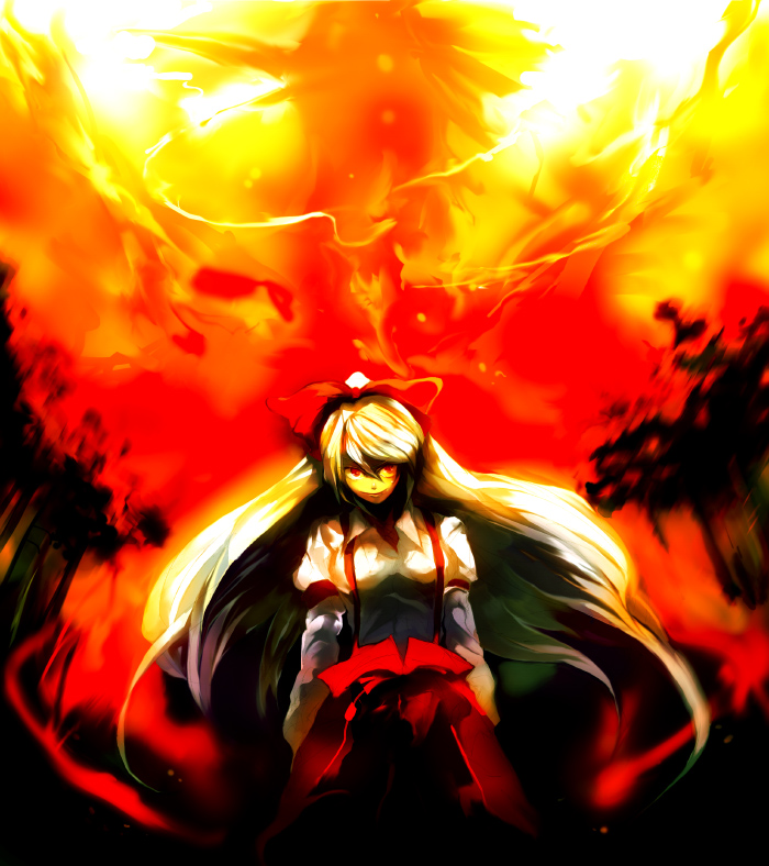 toriko (hatoriko), fujiwara no mokou, touhou, 1girl, female focus, fire, long hair, solo, very long hair