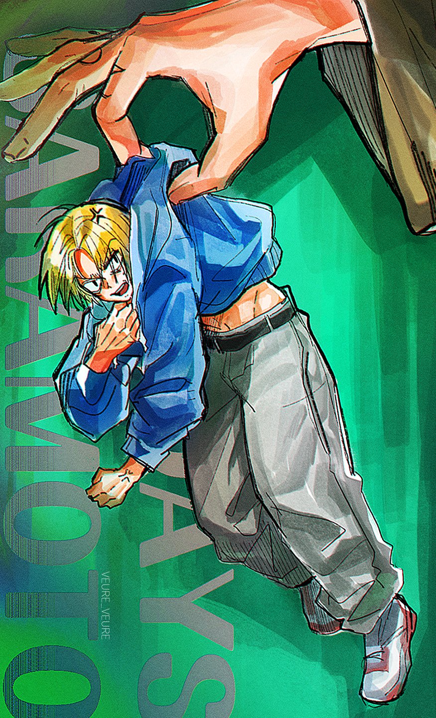 mxhxkxcx, nagumo (sakamoto days), shin (sakamoto days), sakamoto days, highres, 1boy, anger vein, angry, belt, blonde hair, blue jacket, copyright name, grey pants, holding, holding mini person, jacket, long sleeves, male focus, midriff, mini person, miniboy, open mouth, pants, shoes, sneakers, solo focus, white shoes