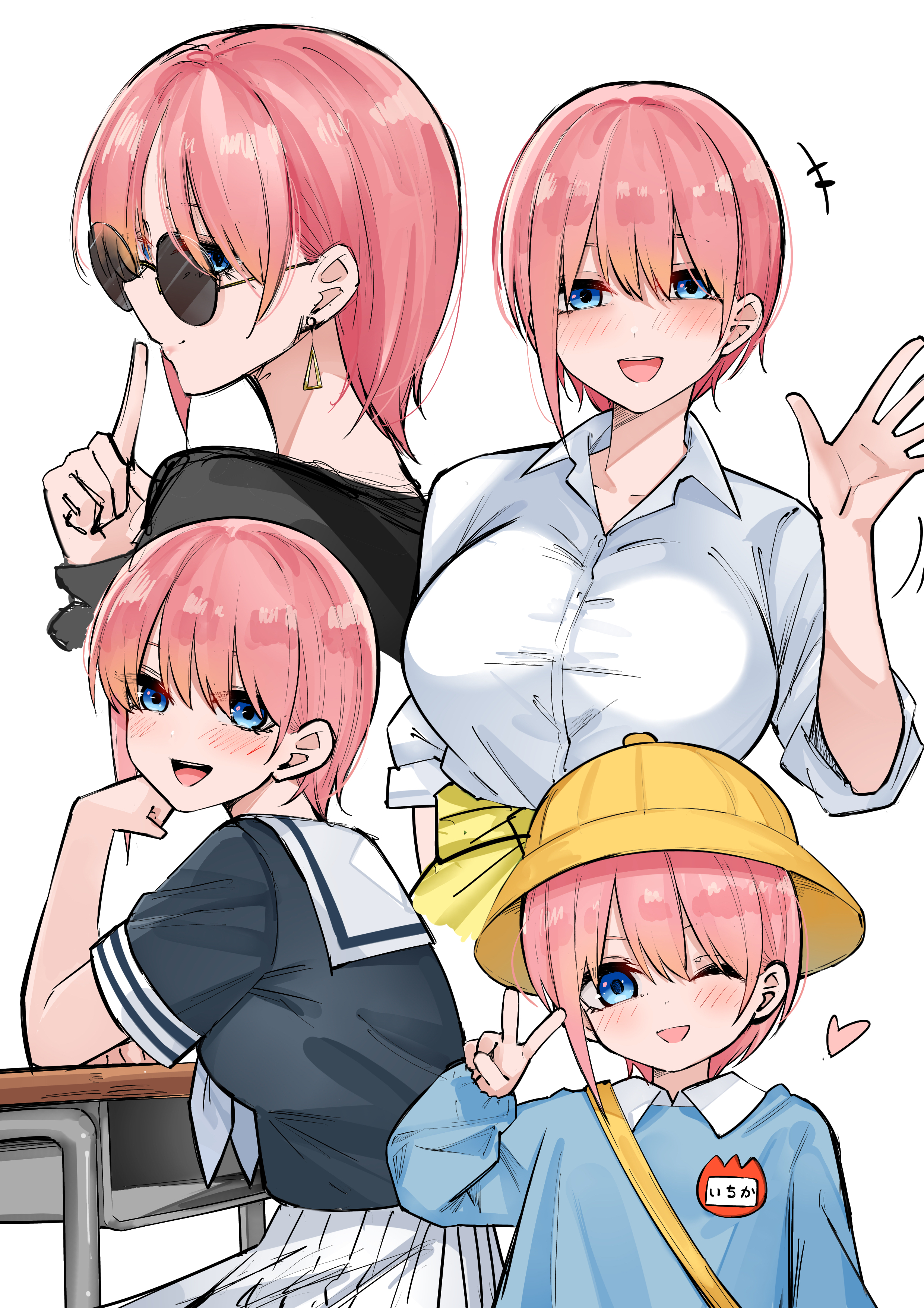 mame1645, nakano ichika, go-toubun no hanayome, absurdres, commentary request, highres, +++, 1girl, ;d, age progression, black shirt, blue eyes, blue shirt, breasts, cardigan, cardigan around waist, closed mouth, clothes around waist, collared shirt, desk, earrings, elbow rest, finger to mouth, hand up, hat, heart, jewelry, kindergarten uniform, large breasts, looking at viewer, multiple views, neckerchief, one eye closed, open mouth, pink hair, pleated skirt, round eyewear, sailor collar, school desk, school hat, school uniform, serafuku, shirt, short hair, shushing, simple background, skirt, smile, sunglasses, v, waving, white background, white neckerchief, white sailor collar, white shirt, white skirt, yellow cardigan, yellow hat