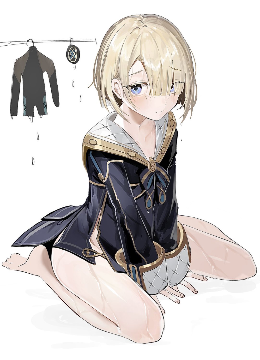 yoko (nz g), freminet (genshin impact), genshin impact, highres, 1boy, androgynous, bare legs, barefoot, between legs, black coat, blonde hair, blue eyes, blush, closed mouth, clothes hanger, coat, freckles, full body, hair over one eye, hand between legs, long sleeves, looking at viewer, male focus, no headwear, no male underwear, short hair, simple background, sitting, solo, wariza, wet, wet clothes, white background