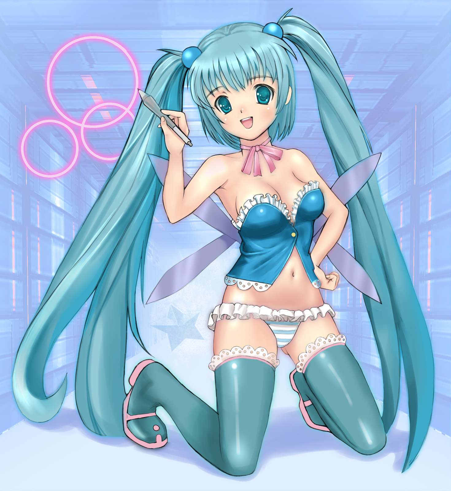 kouhei (sxmas), pixiv-tan, pixiv, highres, 1girl, blue eyes, blue hair, breasts, cleavage, female focus, kneeling, long hair, matching hair/eyes, midriff, panties, solo, striped clothes, striped panties, thighhighs, twintails, underwear, very long hair