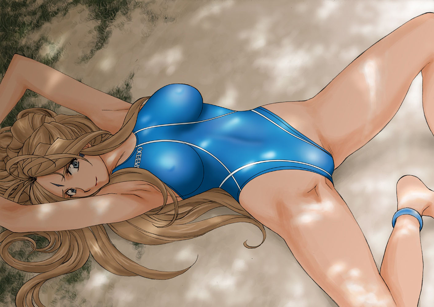 joy division, belldandy, aa megami-sama, speedo (company), non-web source, 1girl, anklet, blue eyes, blue one-piece swimsuit, breasts, brown hair, competition swimsuit, covered erect nipples, facial mark, female focus, forehead mark, highleg, highleg one-piece swimsuit, jewelry, large breasts, long hair, one-piece swimsuit, print swimsuit, solo, spread legs, swimsuit