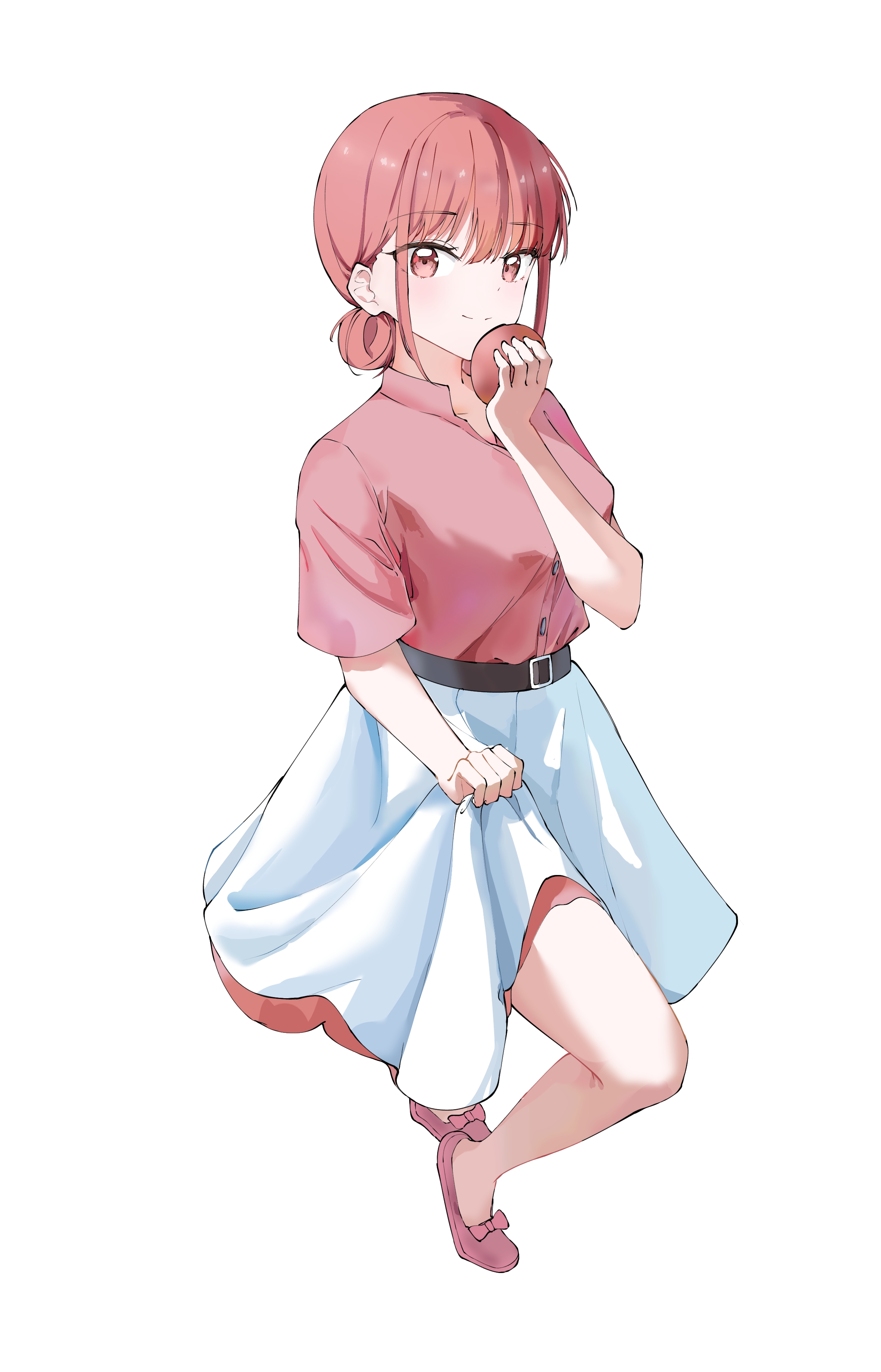 hoshinoan, chouno hina, ao no hako, absurdres, highres, 1girl, apple, blush, dress, food, fruit, looking at viewer, pink shoes, red eyes, red hair, shoes, simple background, smile, solo, twintails, white background, white dress