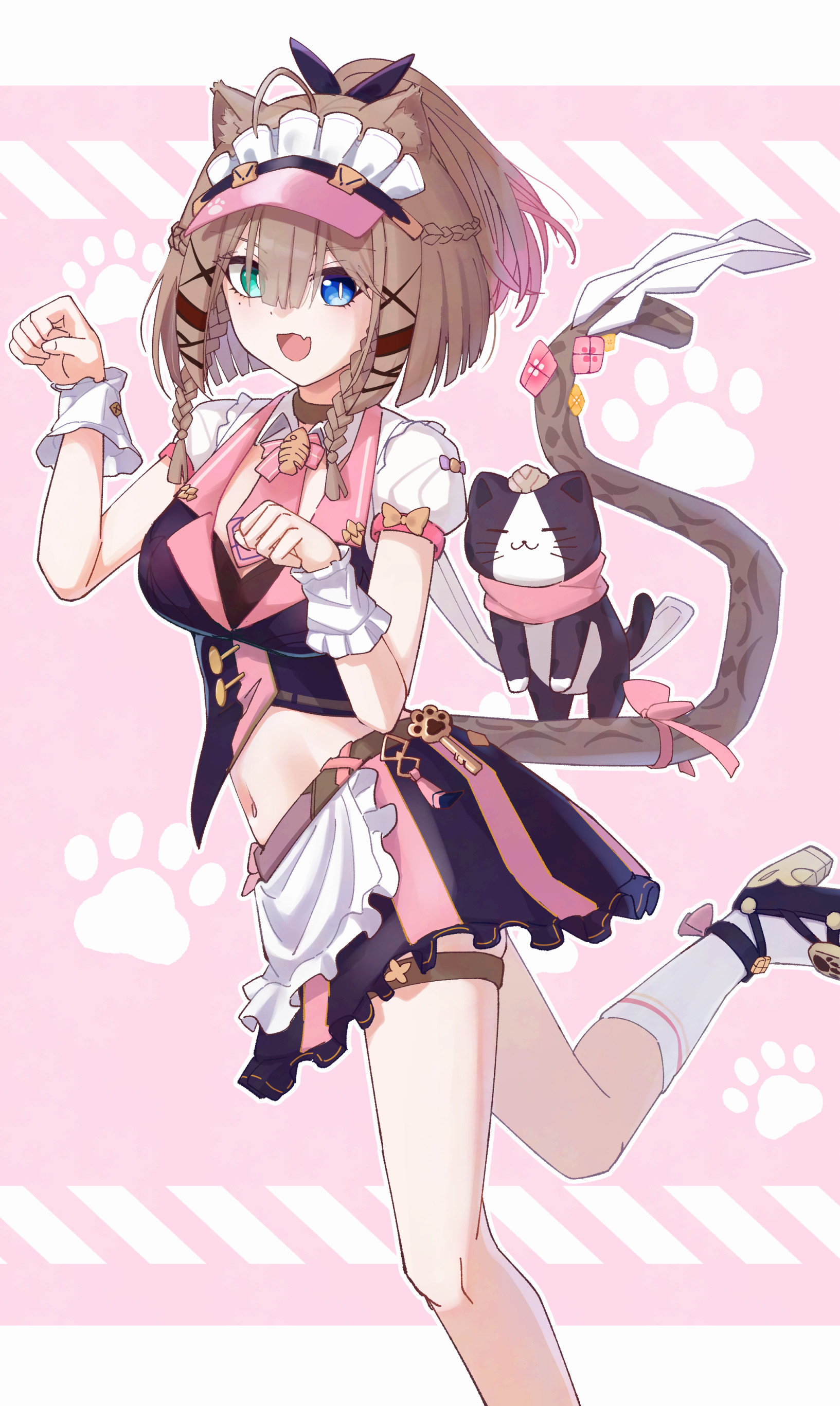 erio dazima, can (honkai impact), pardofelis, pardofelis (meowtose macchiato), honkai (series), honkai impact 3rd, absurdres, commentary request, highres, 1girl, animal ears, black shirt, black skirt, blue eyes, breasts, brown hair, cat ears, cat girl, cat tail, green eyes, heterochromia, high heels, medium breasts, midriff, navel, official alternate costume, open mouth, paw pose, pink background, shirt, short hair with long locks, skirt, smile, socks, tail, thigh strap, visor cap, white socks