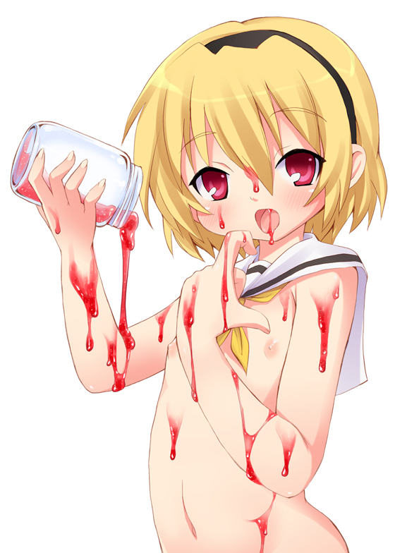 kishiri toworu, miyao ryuu, houjou satoko, higurashi no naku koro ni, 00s, 1girl, blonde hair, blush, female focus, flat chest, jam, loli, nipples, nude, out-of-frame censoring, red eyes, short hair, solo