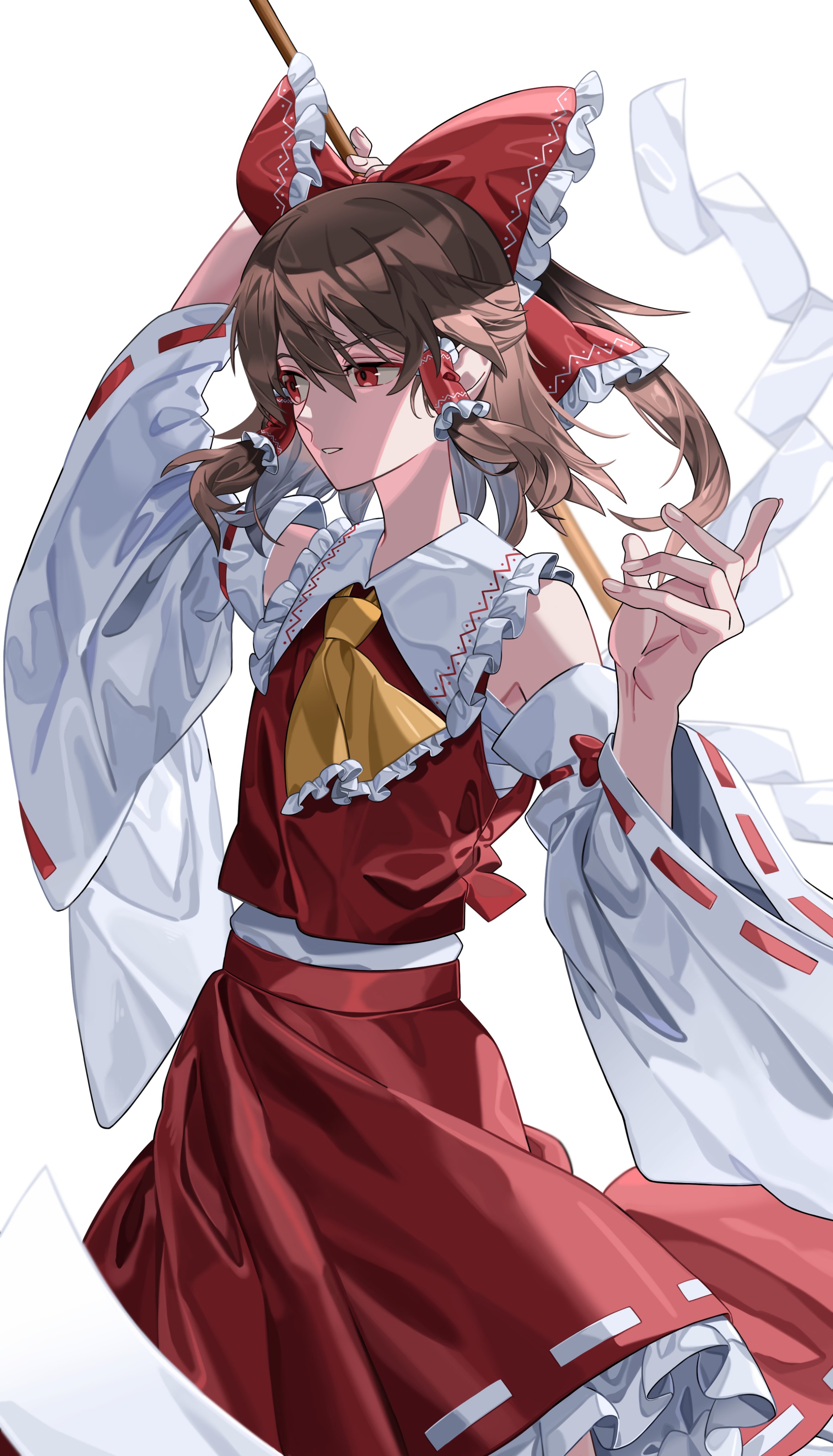 maka (maka04021), hakurei reimu, touhou, absurdres, commentary, highres, 1girl, arm up, ascot, bow, brown hair, collared shirt, cowboy shot, detached sleeves, frilled bow, frilled hair tubes, frilled shirt collar, frills, gohei, hair between eyes, hair bow, hair tubes, holding, holding gohei, long hair, long sleeves, parted lips, red bow, red eyes, red ribbon, red shirt, red skirt, ribbon, ribbon-trimmed skirt, ribbon-trimmed sleeves, ribbon trim, shirt, simple background, skirt, sleeveless, sleeveless shirt, solo, upper body, white background, white sleeves, wide sleeves, yellow ascot