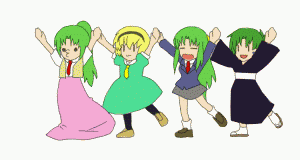 houjou satoko, sonozaki akane, sonozaki mion, sonozaki shion, higurashi no naku koro ni, iosys, animated, animated gif, lowres, 4girls, blonde hair, dancing, dress, green hair, japanese clothes, kimono, long hair, multiple girls, o3o, pantyhose, parody, ponytail, ribbon, school uniform, serafuku, short hair, siblings, sisters, twins