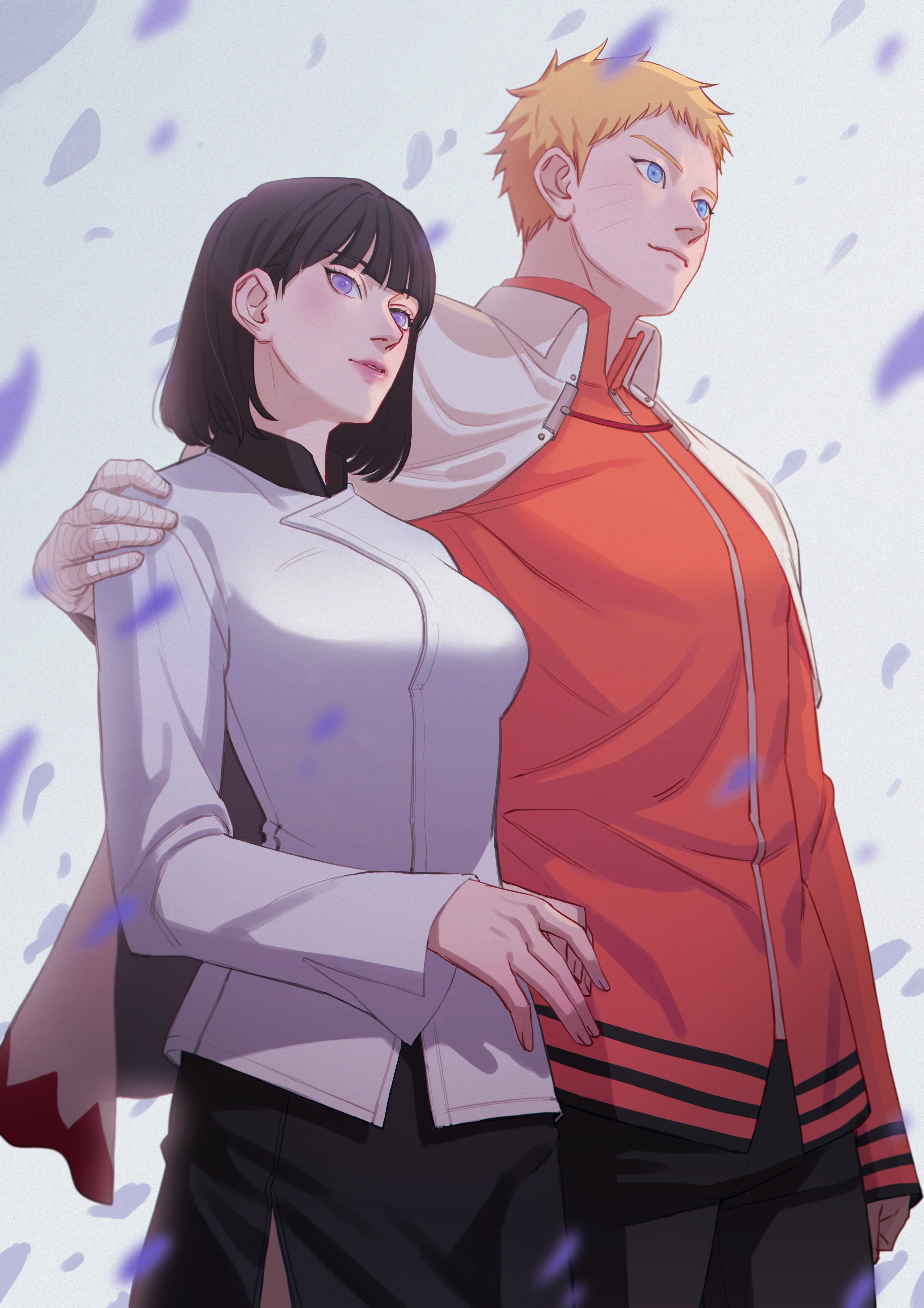 hyuuga hinata, uzumaki naruto, boruto: naruto next generations, naruto (series), absurdres, commentary request, highres, korean commentary, 1boy, 1girl, arm around shoulder, bandaged arm, bandages, black hair, black pants, black skirt, blonde hair, blue eyes, breasts, collared cape, facial mark, from below, husband and wife, jacket, medium breasts, medium hair, negeotibeu dungji, orange jacket, pants, purple eyes, side slit, skirt, whisker markings, white jacket