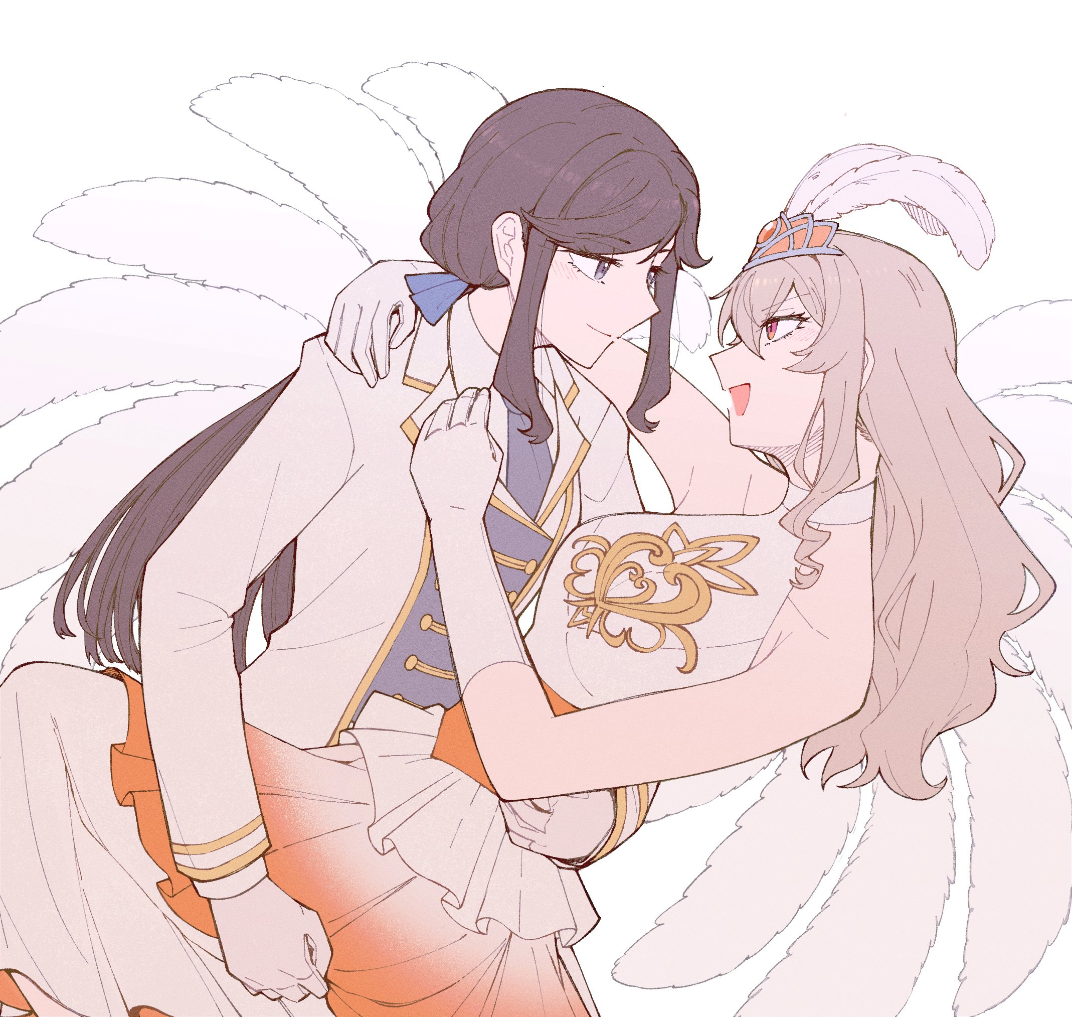 rickonrk, saijou claudine, tendou maya, shoujo kageki revue starlight, commentary, english commentary, highres, 2girls, arm around neck, bare shoulders, blush, brown hair, closed mouth, collared shirt, dip (dance move), dress, elbow gloves, eye contact, feather hair ornament, feathers, gloves, hair ornament, hand on another's waist, jacket, long hair, looking at another, multiple girls, necktie, open mouth, pink eyes, purple eyes, purple necktie, purple vest, shirt, simple background, smile, vest, white background, white dress, white gloves, white jacket, yuri