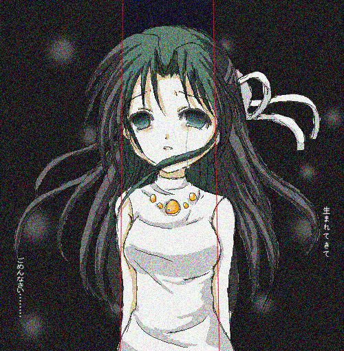 sonozaki shion, higurashi no naku koro ni, translated, 00s, 1girl, empty eyes, female focus, green eyes, green hair, half updo, long hair, matching hair/eyes, ribbon, solo, tears, text focus