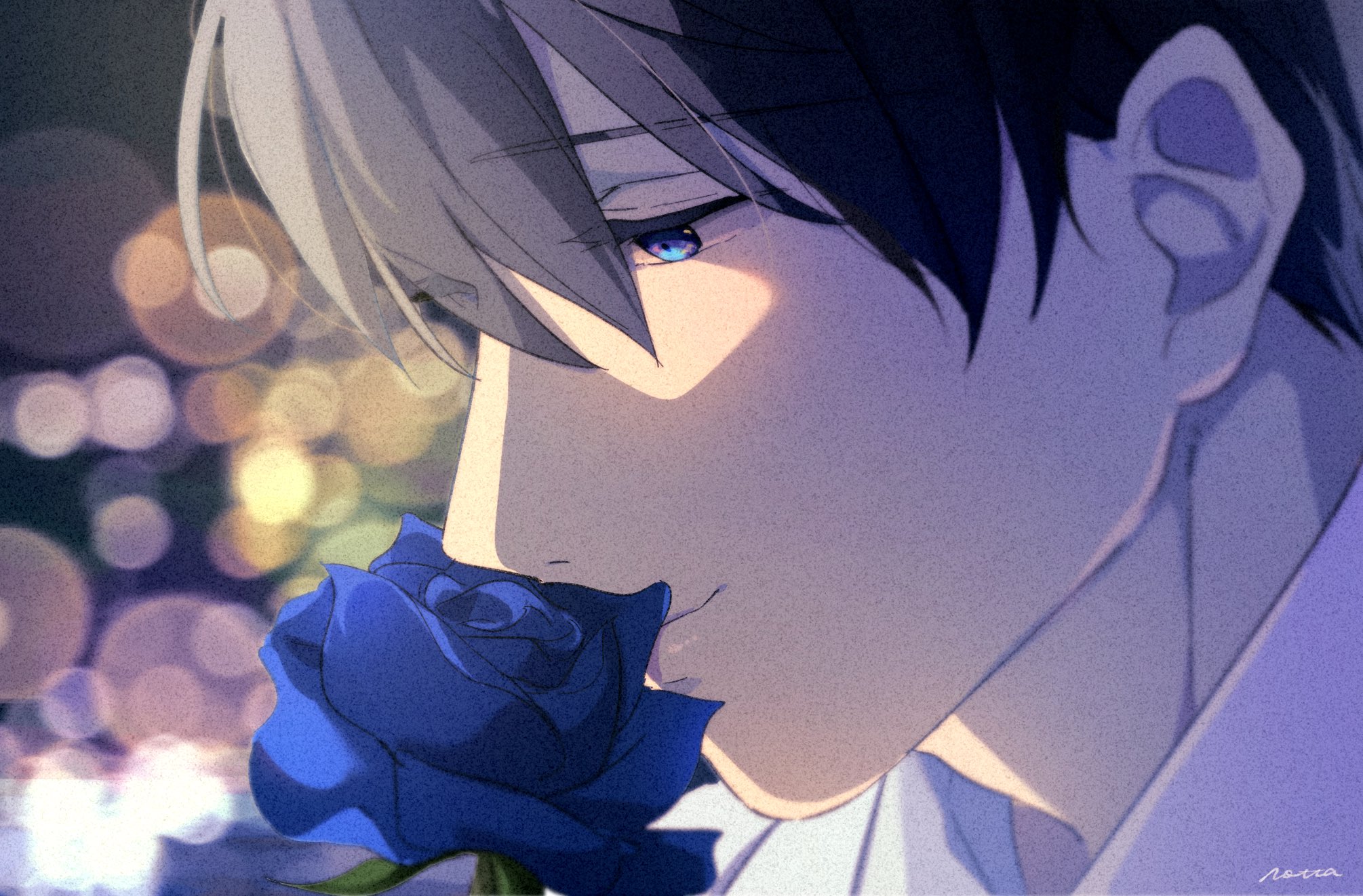 nanase haruka (free!), free!, commentary request, highres, 1boy, black hair, blue eyes, blue flower, blue rose, blurry, blurry background, closed mouth, collared shirt, eyelashes, flower, male focus, portrait, rose, shaaark rotta03, shirt, signature, solo