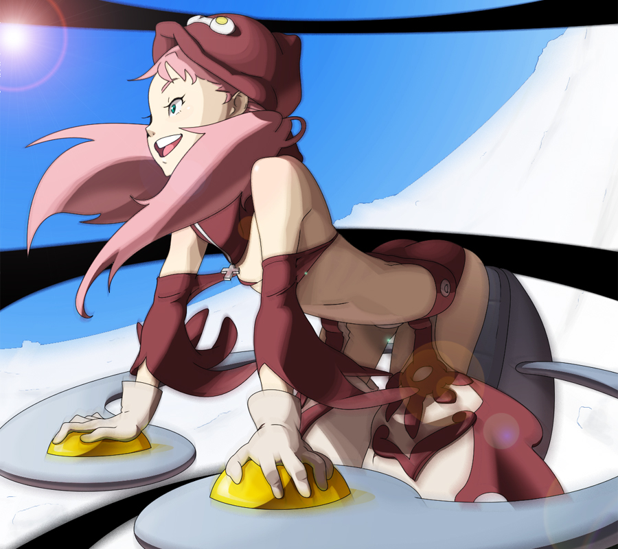 tocky, cynthia lane, overman king gainer, 00s, 1girl, bent over, cross, detached sleeves, female focus, flat chest, gloves, gradient background, green eyes, happy, hat, long hair, midriff, open mouth, pink hair, smile, solo