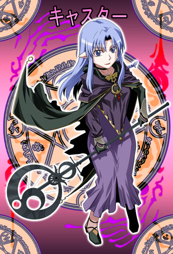 sami (object dump), medea (caster) (fate), medea (fate), fate/stay night, fate (series), bad id, bad pixiv id, lowres, translated, 00s, 1girl, blue eyes, blue hair, cape, dress, female focus, hecate's staff (fate), long dress, magic circle, matching hair/eyes, pointy ears, solo, staff