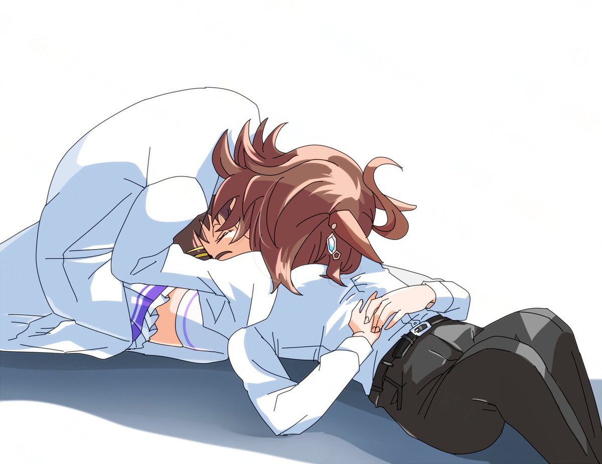 morimoru413, agnes tachyon (umamusume), female trainer (umamusume), trainer (umamusume), umamusume, commentary request, 2girls, animal ears, black pants, brown hair, closed eyes, coat, horse ears, horse girl, kiss, lab coat, long sleeves, medium hair, multiple girls, pants, shirt, simple background, upside-down kiss, white background, white coat, white shirt, yuri