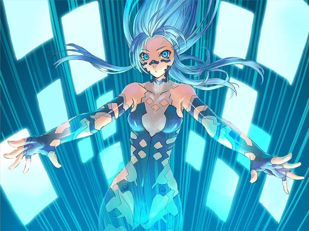 ran'ou (tamago no kimi), pixiv-tan, pixiv, 1girl, blue eyes, blue hair, bodysuit, female focus, long hair, matching hair/eyes, solo