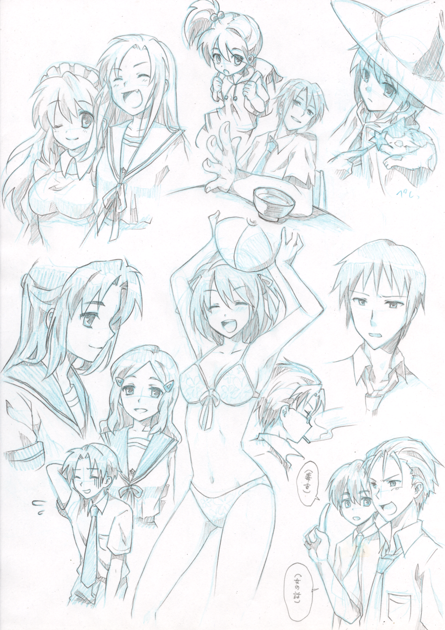 naiya, asahina mikuru, asakura ryoko, computer club president (suzumiya haruhi), kimidori emiri, koizumi itsuki, kunikida (suzumiya haruhi), kyon, kyon no imouto, nagato yuki, shamisen (suzumiya haruhi), student council president (suzumiya haruhi), suzumiya haruhi, taniguchi (suzumiya haruhi), tsuruya, suzumiya haruhi no yuuutsu, bad id, bad pixiv id, highres, traditional media, 00s, 6+boys, 6+girls, ^ ^, armpits, ball, beachball, bikini, blue theme, closed eyes, collared shirt, everyone, fang, hair between eyes, long hair, maid, monochrome, multiple boys, multiple girls, one eye closed, school uniform, serafuku, shirt, short hair, side ponytail, sketch, smoke, stomach, swimsuit, teeth, upper teeth only, wink, witch