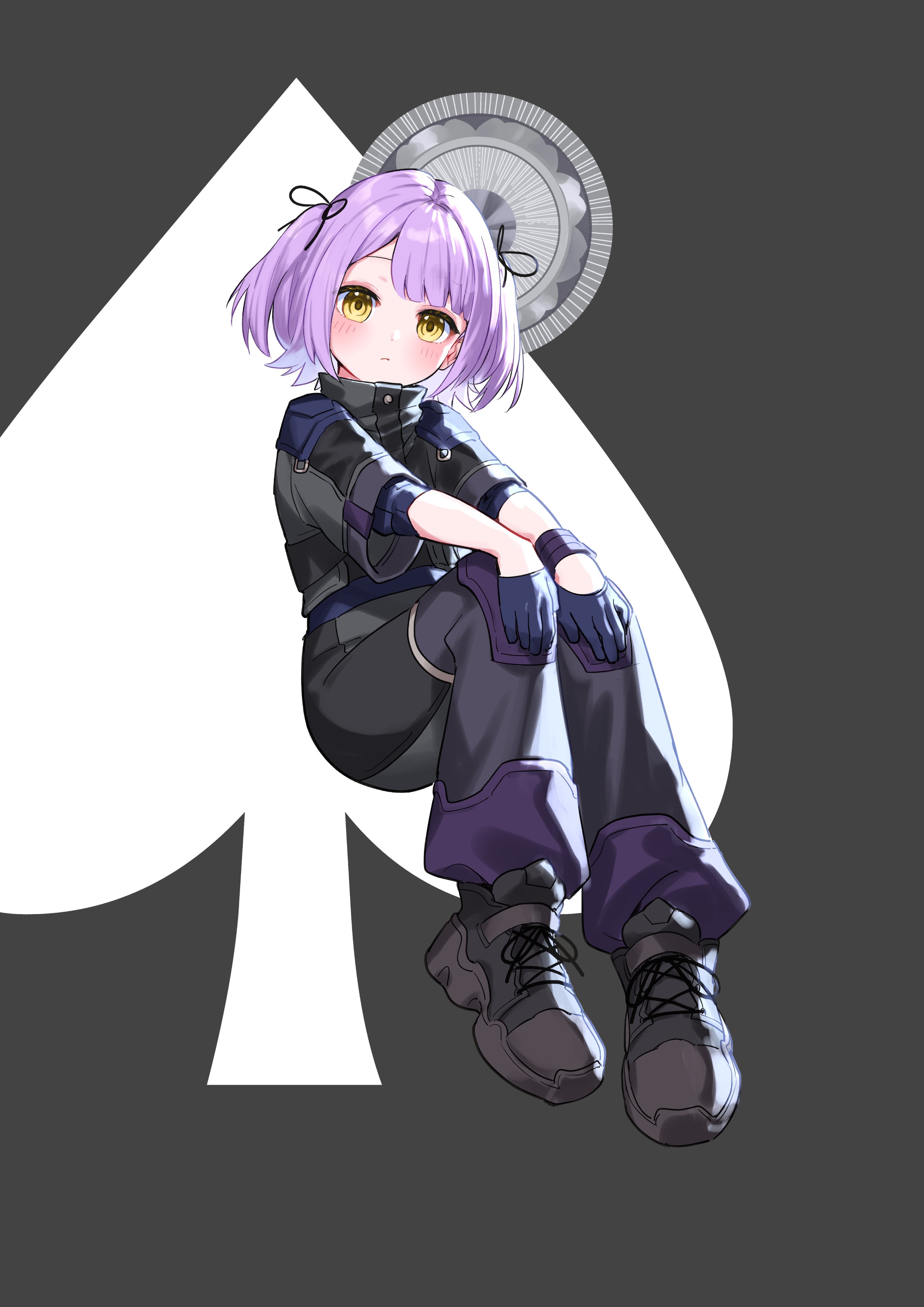 nemoto yuuma, shinomiya runa, vspo!, absurdres, commentary request, highres, 1girl, black bow, black gloves, black jacket, black pants, black shoes, blush, bow, closed mouth, full body, gloves, hair bow, jacket, looking at viewer, medium hair, pants, purple hair, shoes, solo, spade (shape), virtual youtuber, yellow eyes