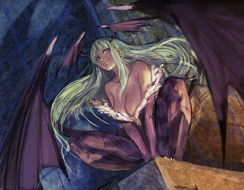 okojo, morrigan aensland, capcom, darkstalkers, 1girl, animal print, bare shoulders, bat print, bat wings, breasts, cleavage, demon girl, female focus, green eyes, green hair, head wings, large breasts, long hair, matching hair/eyes, pantyhose, patterned legwear, print pantyhose, smile, solo, squatting, wings, zukoo