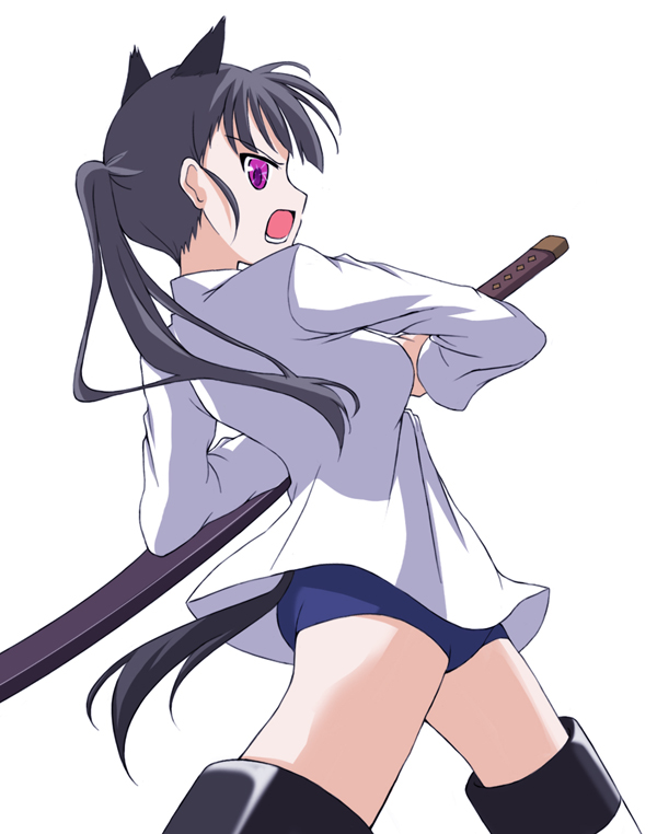 kanata (pixiv), kanata (sentiment), sakamoto mio, strike witches, world witches series, 00s, 1girl, animal ears, black hair, female focus, holding, holding sword, holding weapon, no pants, one-piece swimsuit, ponytail, school swimsuit, solo, swimsuit, swimsuit under clothes, sword, tail, weapon