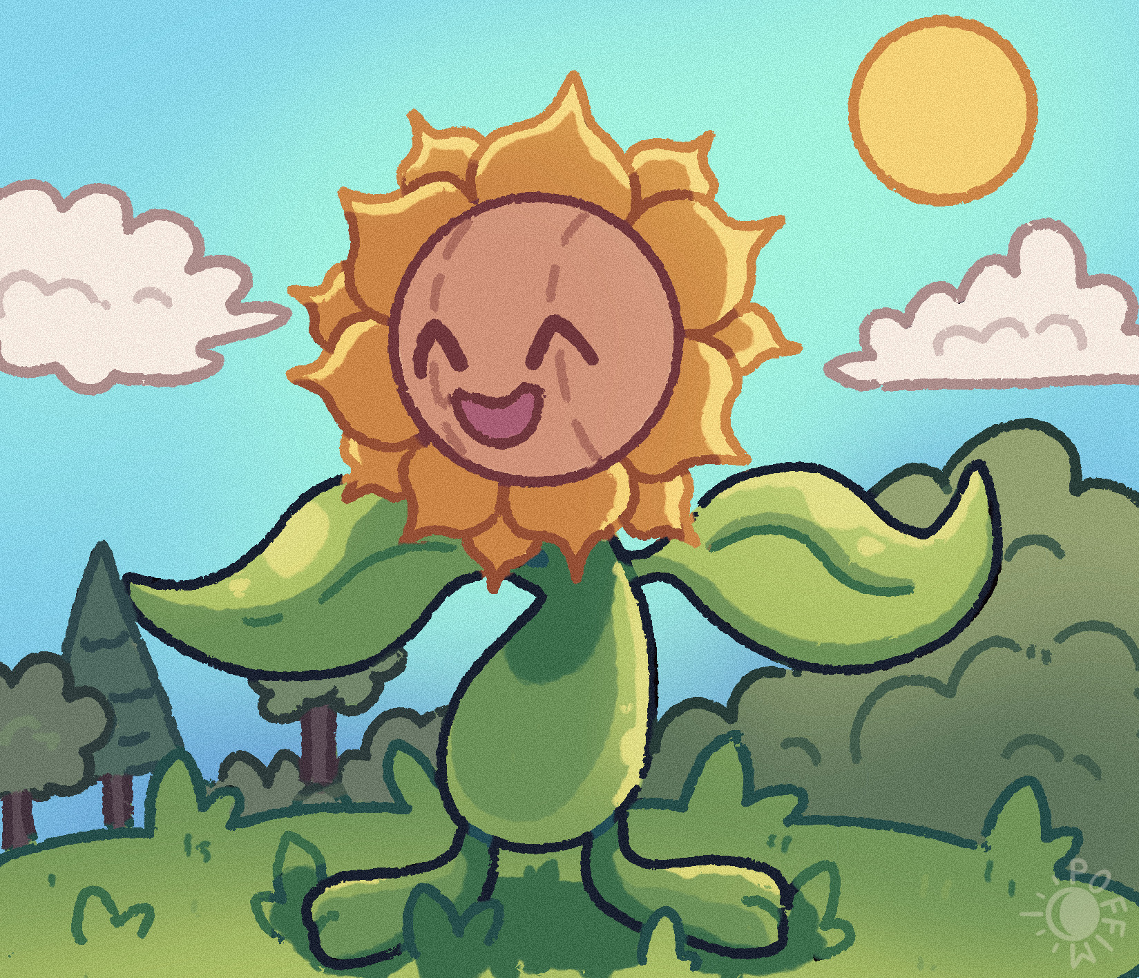 poffim, sunflora, nintendo, pokemon, highres, blue sky, cloud, gen 2 pokemon, grass, no humans, open mouth, outdoors, pokemon (creature), sky, sun, tree