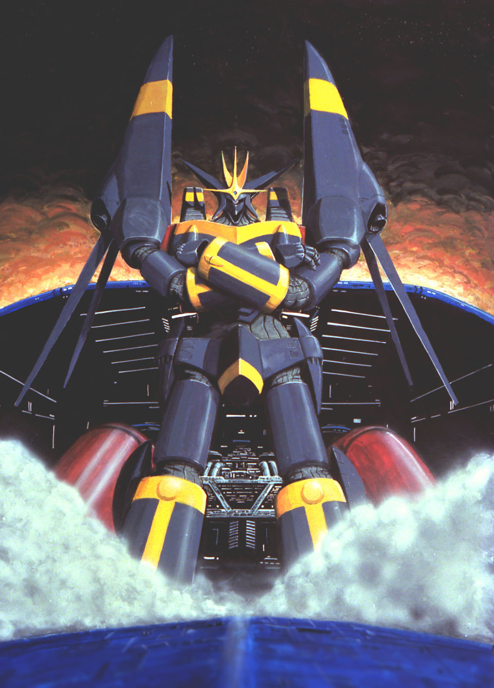 ohata koichi, taganer, gunbuster, top wo nerae!, top wo nerae! (series), 1980s (style), highres, crossed arms, gunbuster pose, mecha, no humans, oldschool, retro artstyle, robot, science fiction, smoke, spacecraft