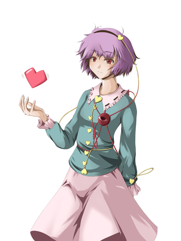 sanen, komeiji satori, touhou, 1girl, blouse, blue shirt, collared shirt, female focus, purple hair, shirt, short hair, simple background, solo, standing, white background