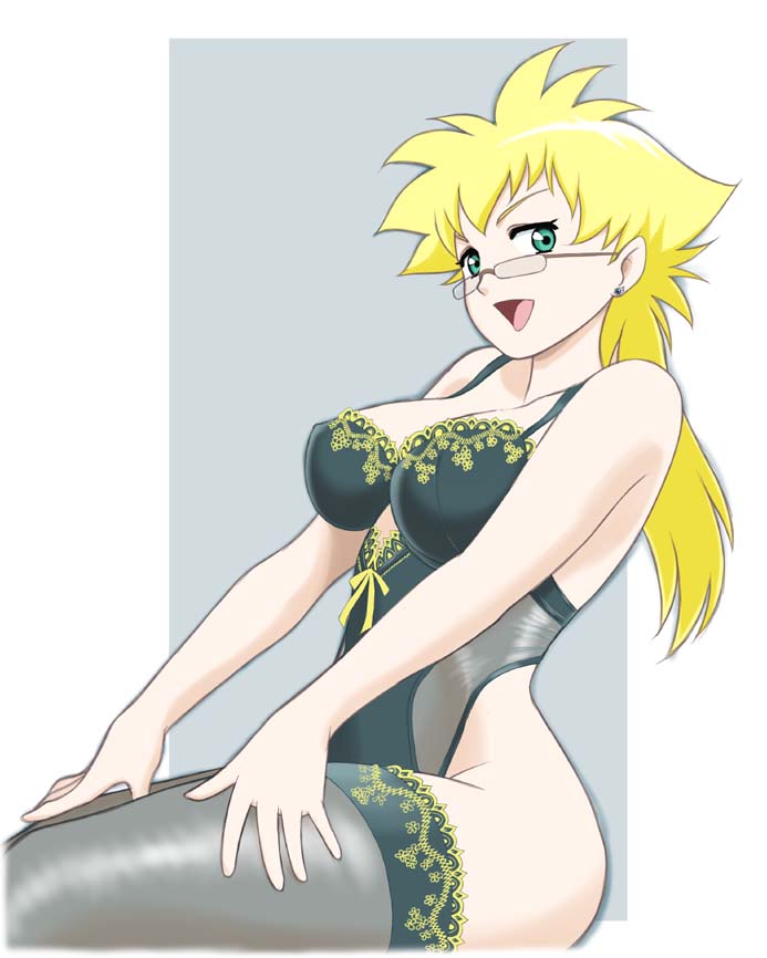 sabachiyo land, sara gallagher, my-otome, lace-trimmed legwear, 00s, 1girl, :d, aqua eyes, blonde hair, breasts, cleavage, cowboy shot, earrings, female focus, from side, glasses, green eyes, grey background, grey thighhighs, groin, hands on own thighs, happy, highleg, highleg leotard, jewelry, lace, lace trim, large breasts, leotard, lingerie, long hair, looking at viewer, looking back, open mouth, out of frame, outside border, rectangular eyewear, ribbon, rimless eyewear, simple background, sitting, smile, solo, spiked hair, stud earrings, thighhighs, thighs, underwear, underwear only, white background