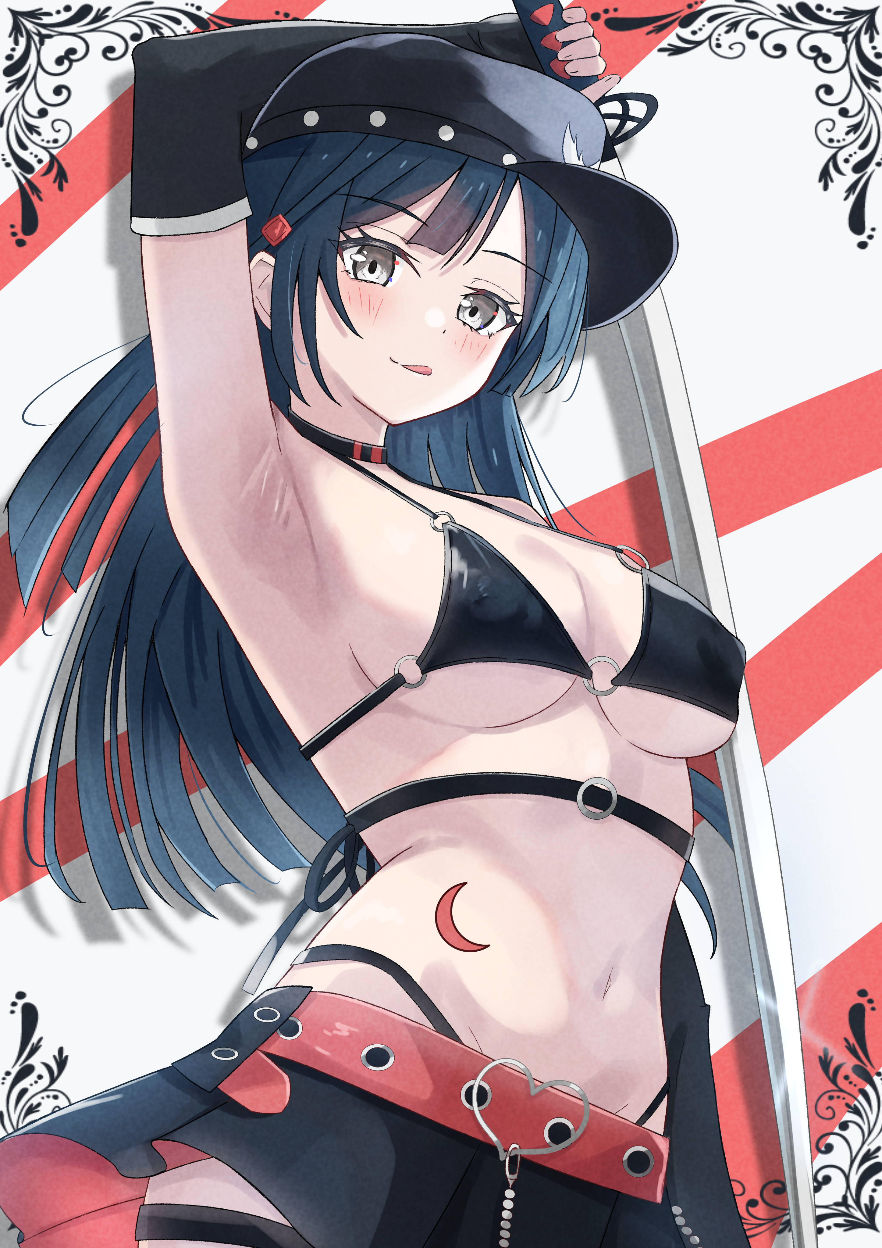 azakura (beniyomogi), yuki setsuna, love live!, love live! nijigasaki high school idol club, absurdres, commentary, highres, 1girl, :q, alternate costume, arm up, armpits, bikini, black bikini, black choker, black gloves, black hat, black skirt, blue hair, blush, breasts, choker, cleavage, covered erect nipples, cowboy shot, crescent, drop shadow, elbow gloves, fingerless gloves, gloves, green eyes, hat, highleg, highleg bikini, holding, holding sword, holding weapon, large breasts, long hair, looking at viewer, miniskirt, o-ring, o-ring bikini, o-ring top, one side up, red background, skirt, solo, swimsuit, sword, thigh strap, tongue, tongue out, weapon