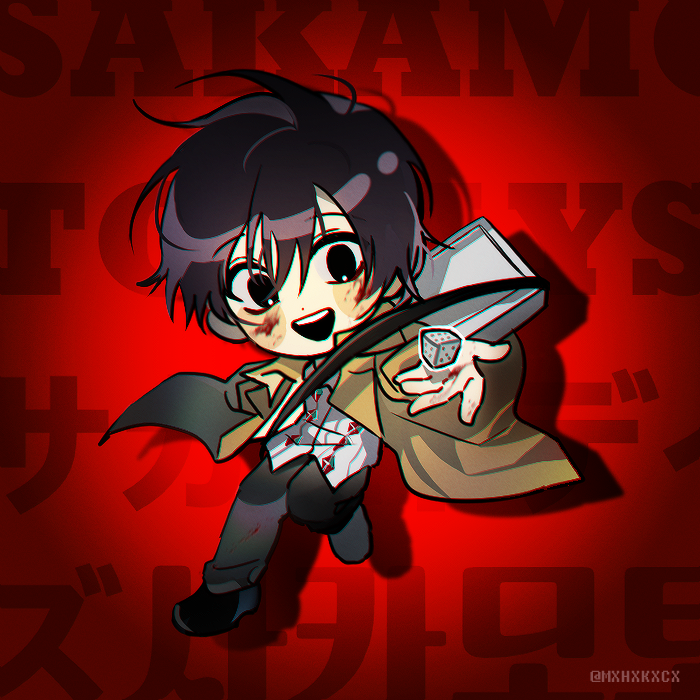 mxhxkxcx, nagumo (sakamoto days), sakamoto days, hashtag-only commentary, translation request, 1boy, black hair, black pants, black shoes, blood, blood on face, brown jacket, chibi, chibi only, dice, dot nose, jacket, male focus, open mouth, pants, red background, shirt, shoes, short hair, solo, white shirt