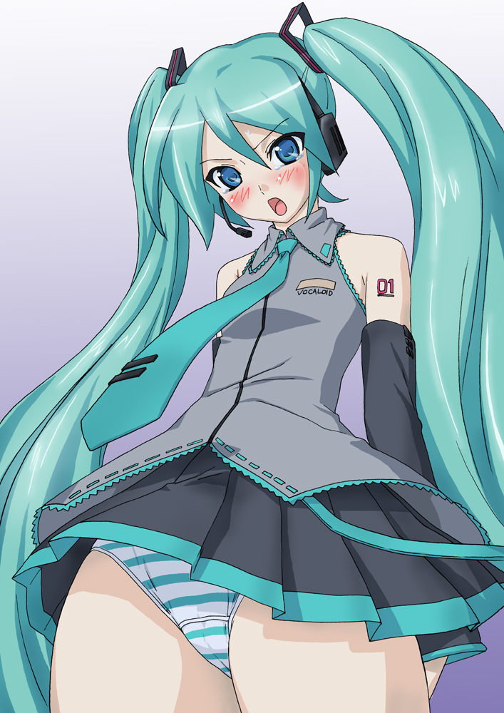 okiyumi kase, hatsune miku, vocaloid, 00s, 1girl, aqua hair, blue eyes, blush, detached sleeves, female focus, flat chest, gradient background, long hair, necktie, panties, pantyshot, simple background, solo, striped clothes, striped panties, tears, twintails, underwear