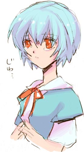 ayanami rei, neon genesis evangelion, lowres, 1girl, blue hair, female focus, red eyes, school uniform, serafuku, short hair, sketch, solo, tears, upper body, white background