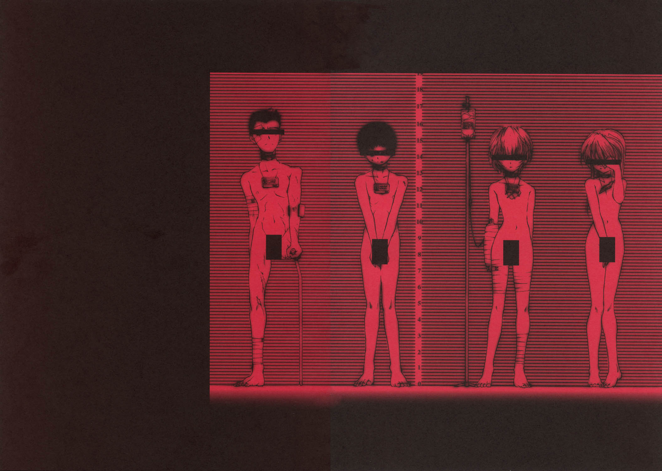 choco (chocolate shop), ayanami rei, ikari shinji, souryuu asuka langley, suzuhara touji, neon genesis evangelion, highres, 2boys, 2girls, amputee, bandages, cane, censored, crutch, intravenous drip, medical, multiple boys, multiple girls, nude, scar, standing