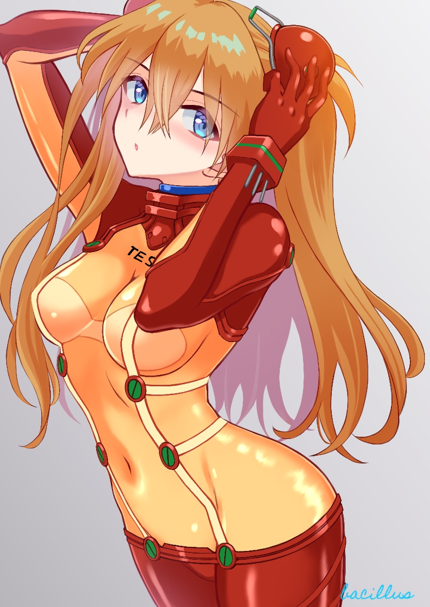 bacillus, souryuu asuka langley, evangelion: 2.0 you can (not) advance, neon genesis evangelion, rebuild of evangelion, highres, 1girl, :o, blue eyes, bodysuit, breasts, brown hair, covered navel, curvy, grey background, hair ornament, hand in own hair, long hair, long sleeves, mecha pilot suit, plugsuit (evangelion), red bodysuit, see-through bodysuit, see-through clothes, shiny clothes, simple background, solo, standing, test plugsuit (evangelion), twintails, two side up, very long hair, wide hips