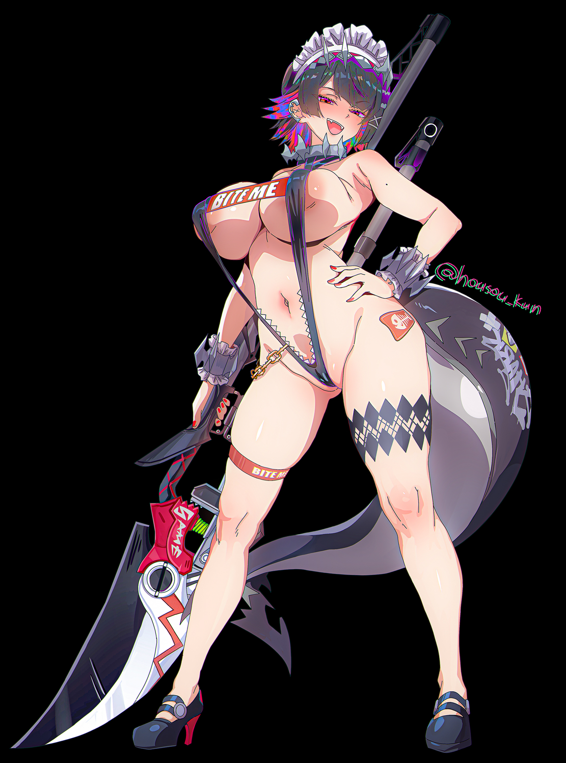 housou-kun, ellen joe, zenless zone zero, commentary, commission, english commentary, highres, 1girl, :d, alternate breast size (larger), artist name, black background, black hair, black slingshot swimsuit, breasts, cameltoe, colored inner hair, fins, fish tail, full body, half-closed eyes, high heels, holding, holding weapon, large breasts, leg tattoo, looking at viewer, maid headdress, mole, mole on arm, multicolored hair, navel, open mouth, red eyes, red nails, shark girl, shark tail, short hair, simple background, skindentation, slingshot swimsuit, smile, solo, swimsuit, tail, tattoo, twitter username, weapon, wide hips