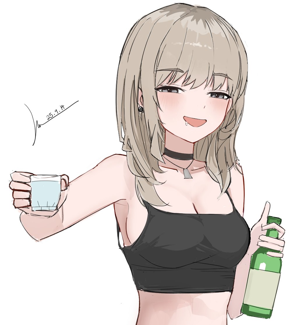 kawaragi momoka, girls band cry, commentary, 1girl, alcohol, black camisole, black choker, blush, bottle, breasts, camisole, choker, cleavage, crop top, cup, dated, drooling, grey eyes, grey hair, holding, holding bottle, holding cup, hongkwi, large breasts, long hair, looking at viewer, multicolored hair, open mouth, roots (hair), sideboob, simple background, soju, solo, spaghetti strap, white background