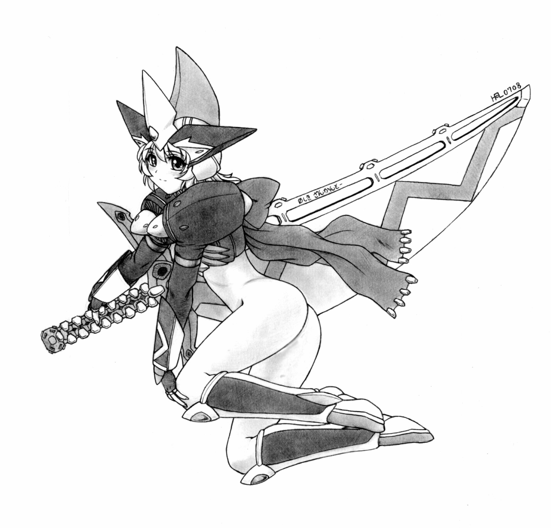 harumachi nagaaki, banpresto, super robot wars, 1girl, ass, boots, bottomless, female focus, full body, gloves, greyscale, monochrome, solo, sword, weapon