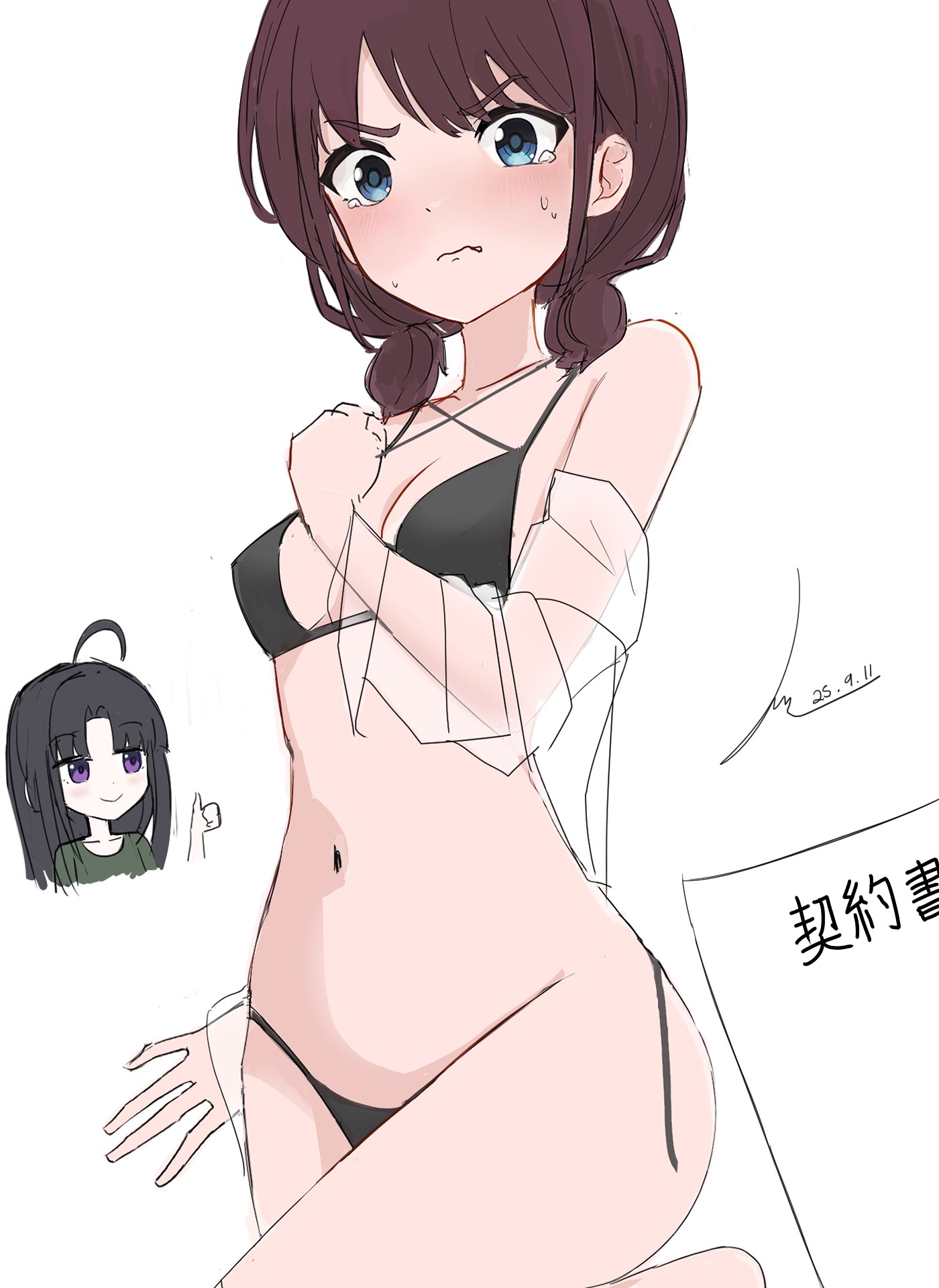 awa subaru, iseri nina, girls band cry, commentary, hashtag-only commentary, highres, translation request, 2girls, ahoge, bikini, black bikini, black hair, blush, breasts, brown hair, closed mouth, dated, hongkwi, long hair, low twintails, medium breasts, multiple girls, navel, parted bangs, purple eyes, short hair, short twintails, signature, simple background, stomach, swimsuit, tearing up, thumbs up, twintails, wardrobe malfunction, white background