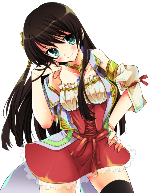 shuragyoku mami, aya (infinite undiscovery), infinite undiscovery, 1girl, brown hair, choker, detached sleeves, green eyes, hand on own hip, long hair, skirt, smile, thighhighs, zettai ryouiki