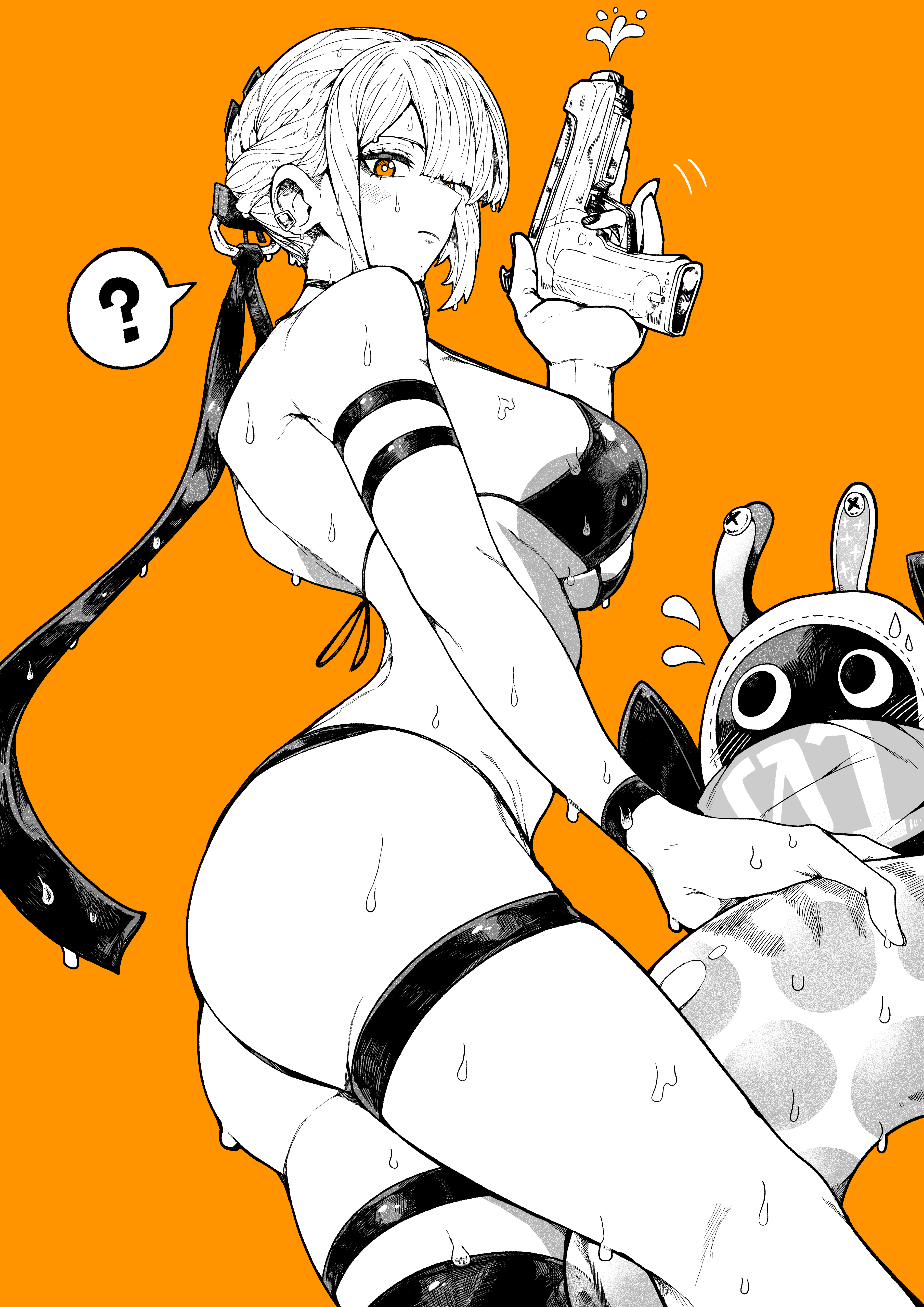 yotsumi shiro, bangboo (zenless zone zero), eous (zenless zone zero), evelyn chevalier, zenless zone zero, absurdres, highres, 1girl, ?, ass, bikini, blush, breasts, closed mouth, from side, greyscale with colored background, hair up, holding, holding water gun, innertube, large breasts, looking at viewer, orange background, orange eyes, solo, spoken question mark, swim ring, swimsuit, water gun, wet